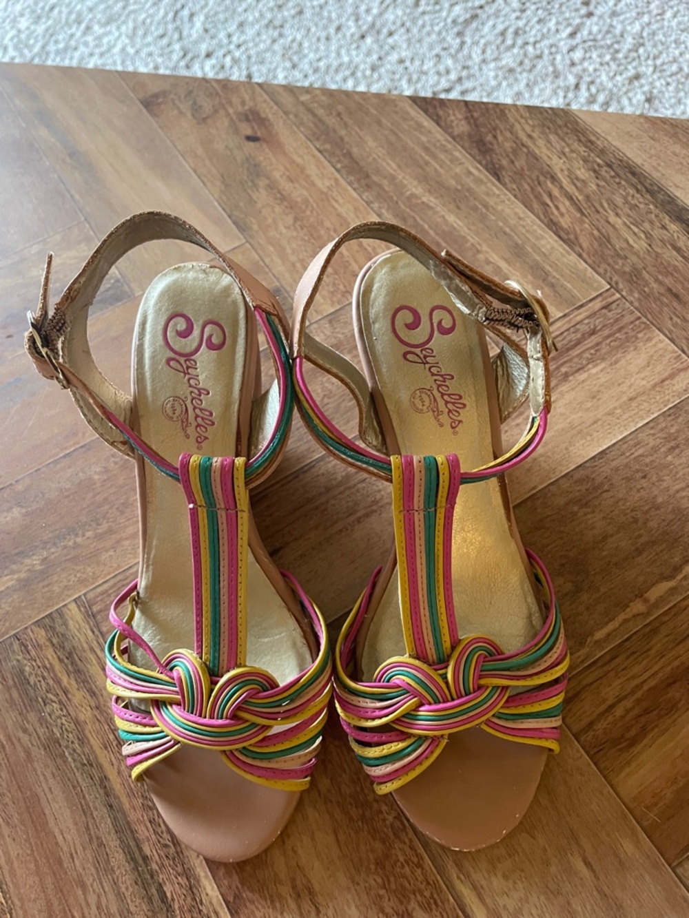 Seychelles Multicolor Knotted T-Strap Sandals - Pink, Green, Yellow